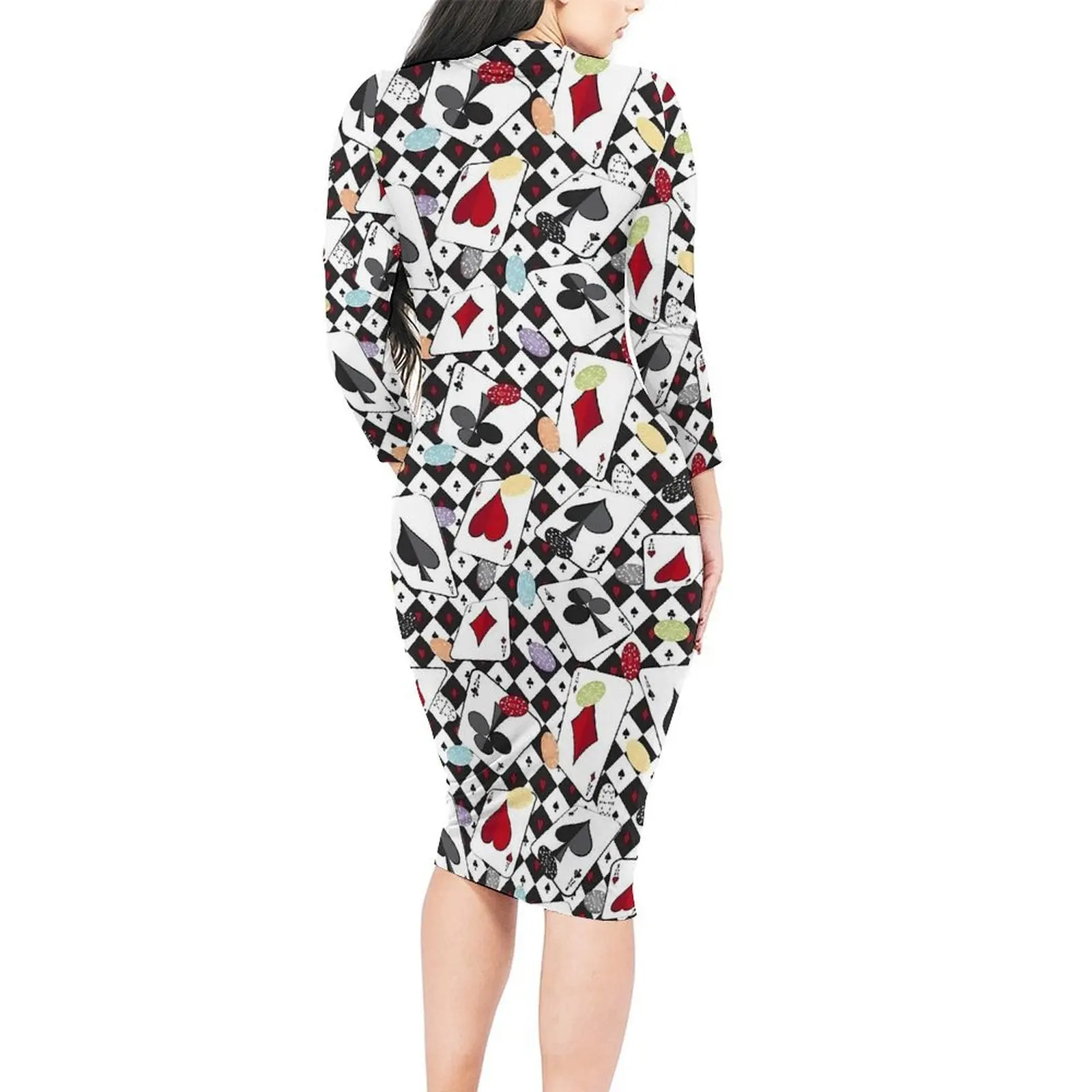 Casino Playing Card Print Bodycon Dress Women  Elegant Dresses Autumn Long Sleeve Streetwear Custom Dress 3XL 4XL 5XL