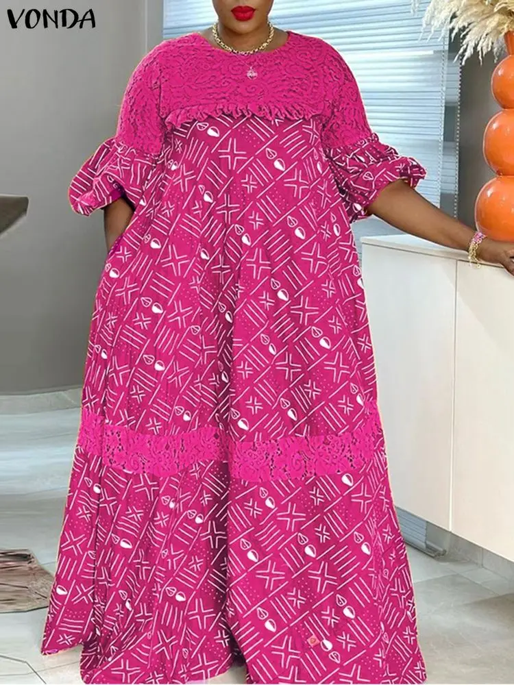 

Плюс размер VONDA женское винтажное платье кружевной лоскутный сарафан 2025 модный вечерние платья с коротким рукавом повседневный свободный халат с круглым вырезом