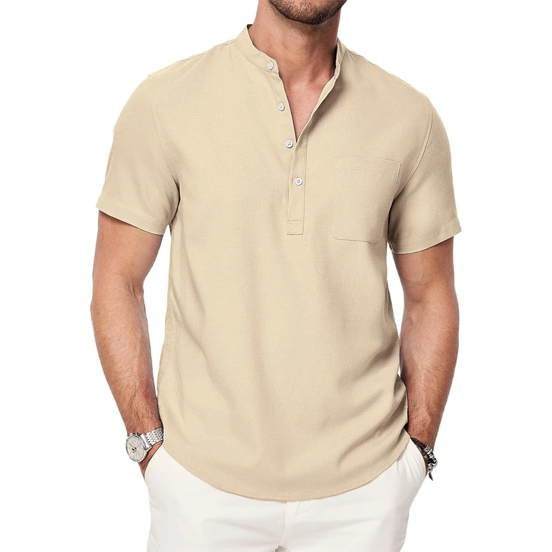 Summer Mens Short Sleeve Henley Shirts Casual Button Down Shirt Lightweight Beach Wear with Pocket Breathable Streetwear image 5
