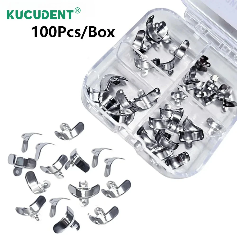 100Pcs/Box Dental Matrix Bands Kit Sectional Metal Matrice with Hole Fit Garrison Palodent Teeth Wedges 3.5/4.5/5.5/6.5mm