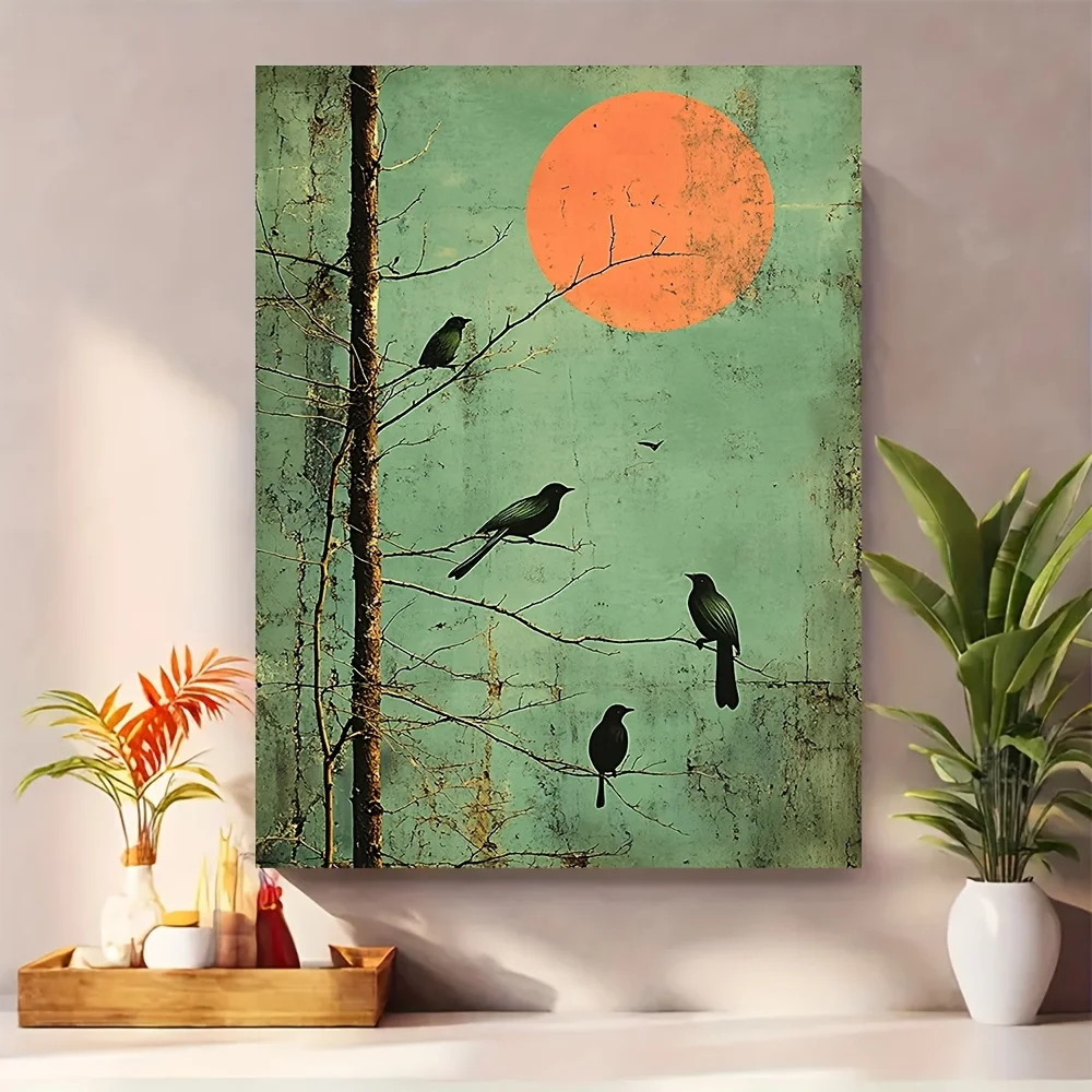Frameless canvas paintings,Branches and Birds Poster and Prints Green Background Sunset Canvas Painting Wall Art Picture for Liv
