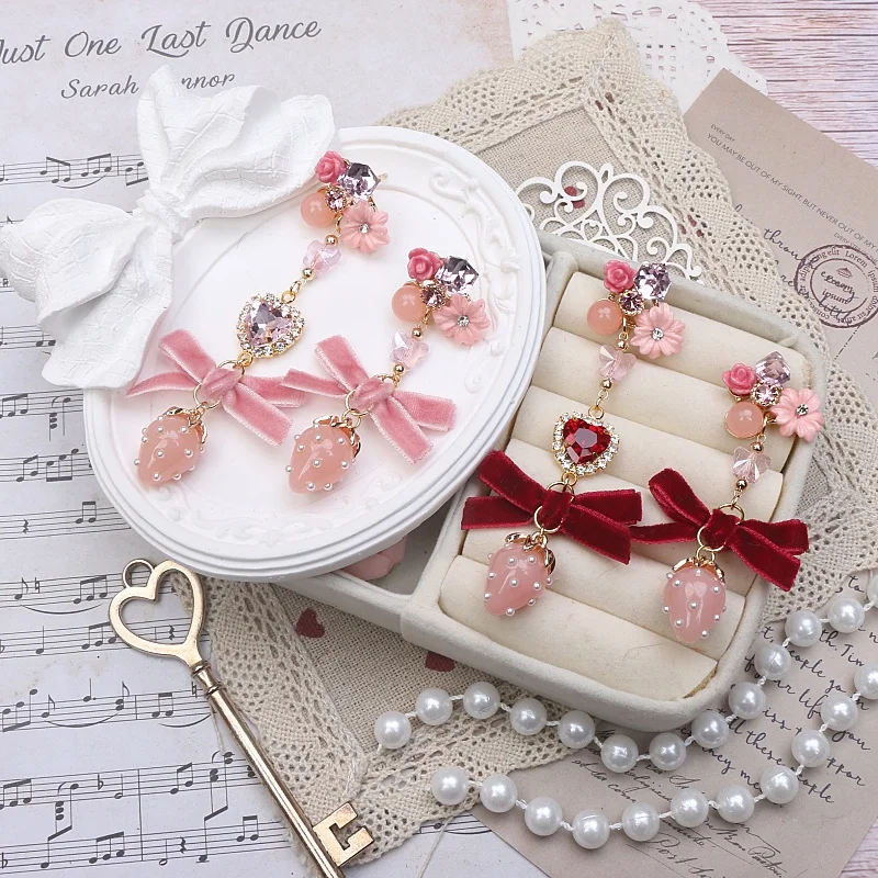 Japanese Handmade Original Velvet Bow Flower Love Rhinestone Strawberry Pendant Earrings Earrings Women's Lolita Accessories