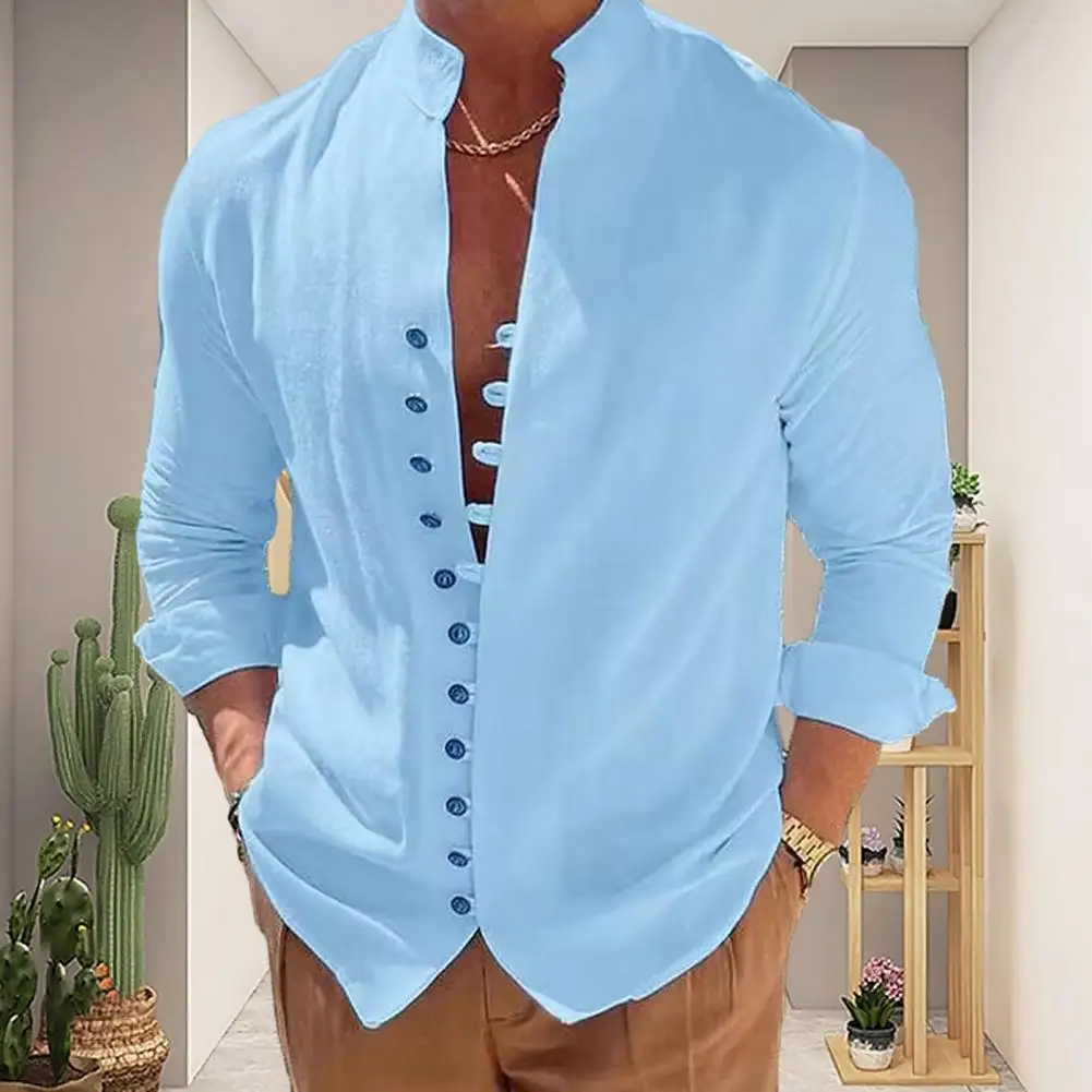 Men Shirt Stand Collar Long Sleeve Men Shirt Single Breasted Anti-pilling Loose Shirt Summer Casual Thin Shirt Daily Garment