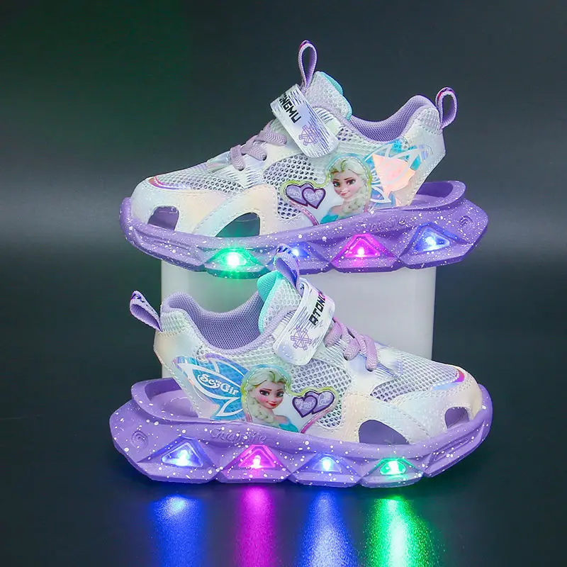 Chaussures de sport décontractées Disney avec lumière LED pour enfants, princesse Elsa, évidées, anti-rika, sandales Baotou pour filles, été, nouveau