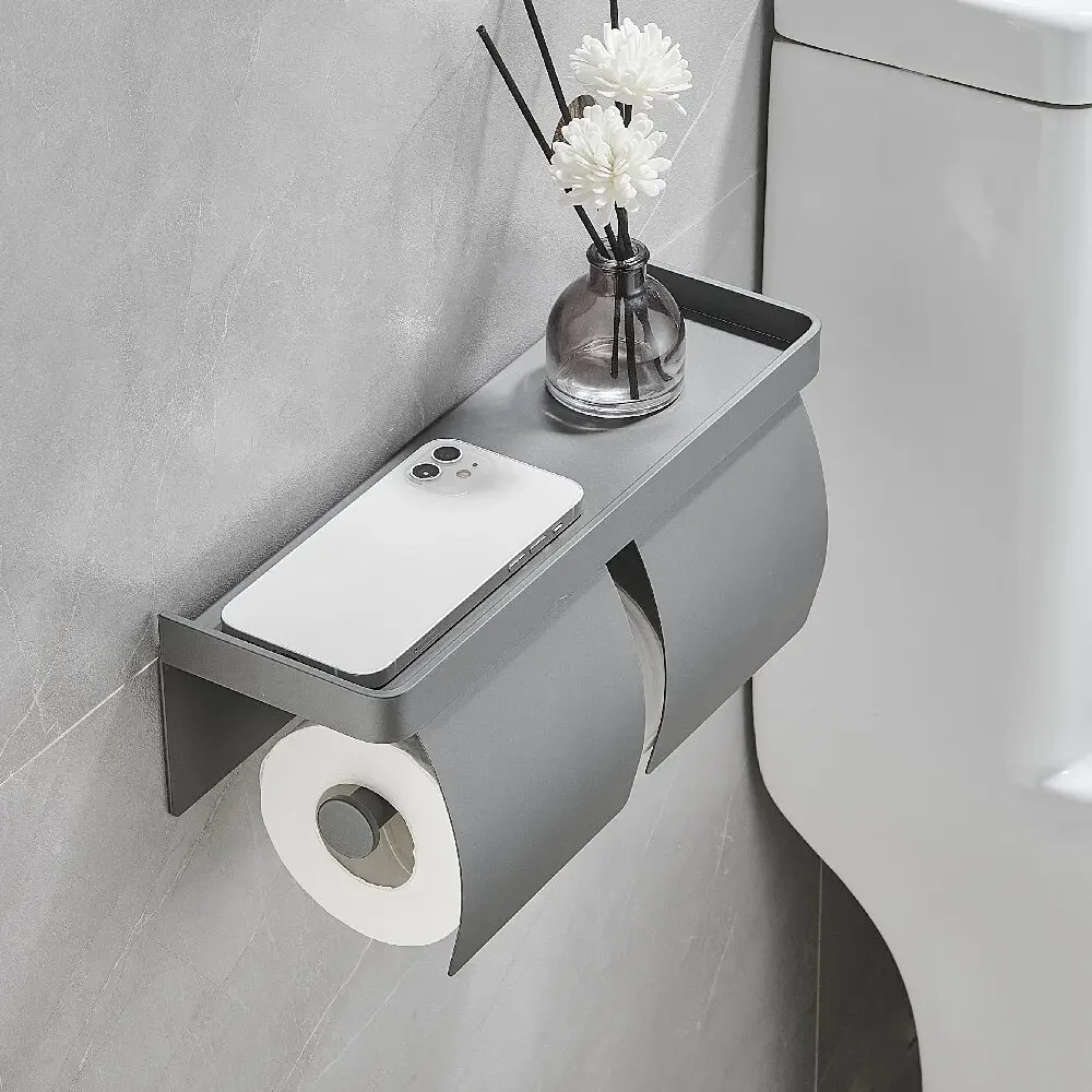 Gray Toilet Paper Holder Shelf With Tray Aluminium Tissue Holder Wall Hanging Tissue Hanger Black Toilet PaperRoll Holder