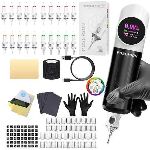 Imagen 2 del producto Kit de tatuaje POSEIDON V6, nuevo Kit de pluma de tatuaje Panda para maquillaje permanente, Kit de máquina de tatuaje, fuente de alimentación inalámbrica para tatuaje, Kit de tatuaje