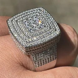 Huitan Gorgeous Square Shaped Wedding Rings for Lover Men/Women New Luxury Silver Color Bling CZ Couple Rings Fashion Jewelry