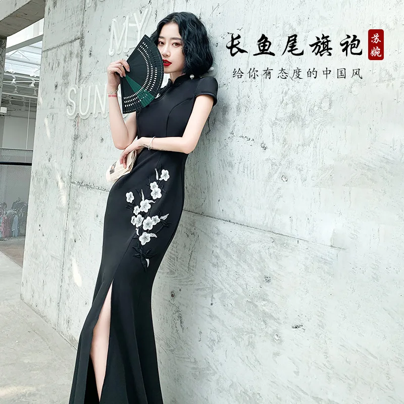 

Black Mermaid Chinese Style Lady Cheongsam Long Tight Elegant Dress Big Size 3XL Vestidso Vintage Red Bride Wedding Qipao