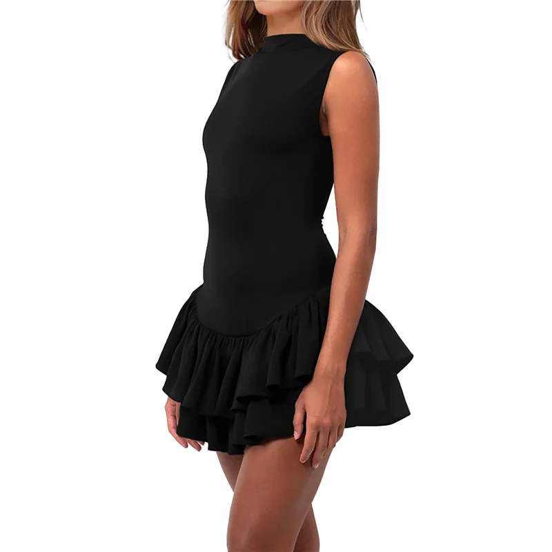 เดรสสั้นรัดรูปทรงบอดี้คอนสำหรับผู้หญิง รุ่น A83F แขนกุด แต่งระบายชายระบายหลายชั้น