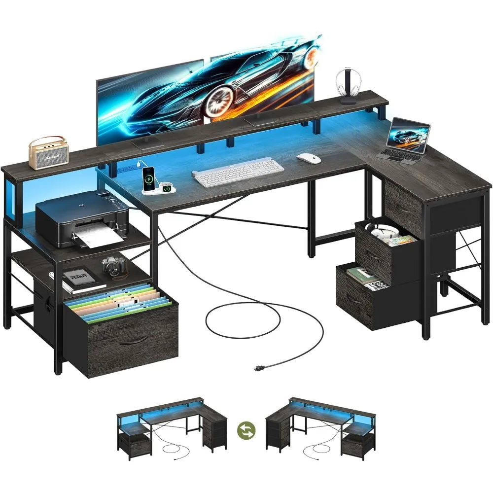

L-shaped office desk with drawers, gaming desk with LED lights and sockets, 75 inch storage file cabinet