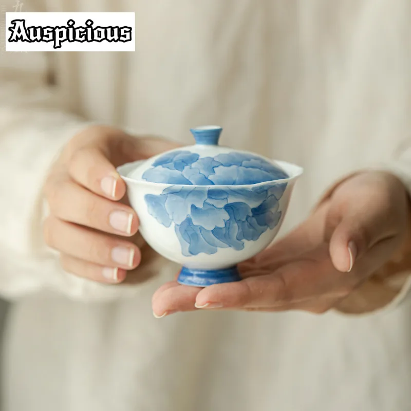 Underglaze Color Handmade Cover Bowl Hand-painted Blue Peony Tea Tureen Zen Ceramic Gaiwan Antique Tea Brewing Cha Craft Gifts