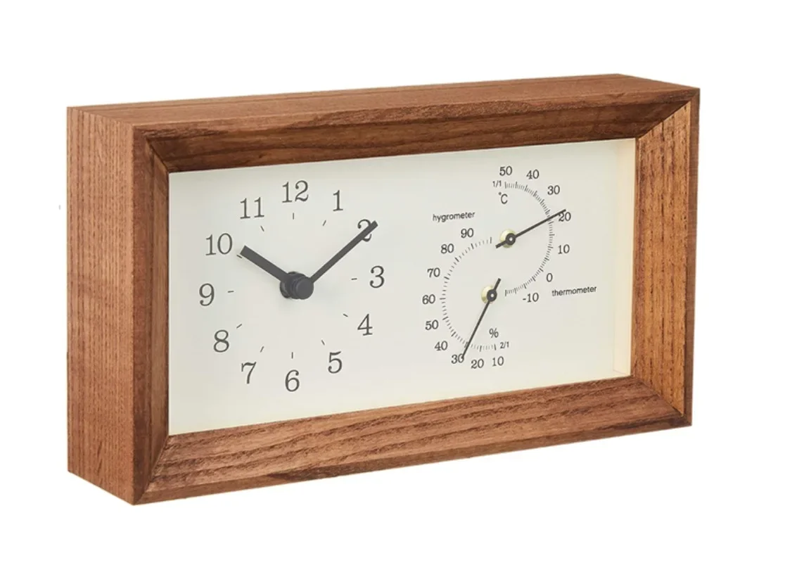 Nordic style simple clock, table clock with temperature, hygrometer, walnut