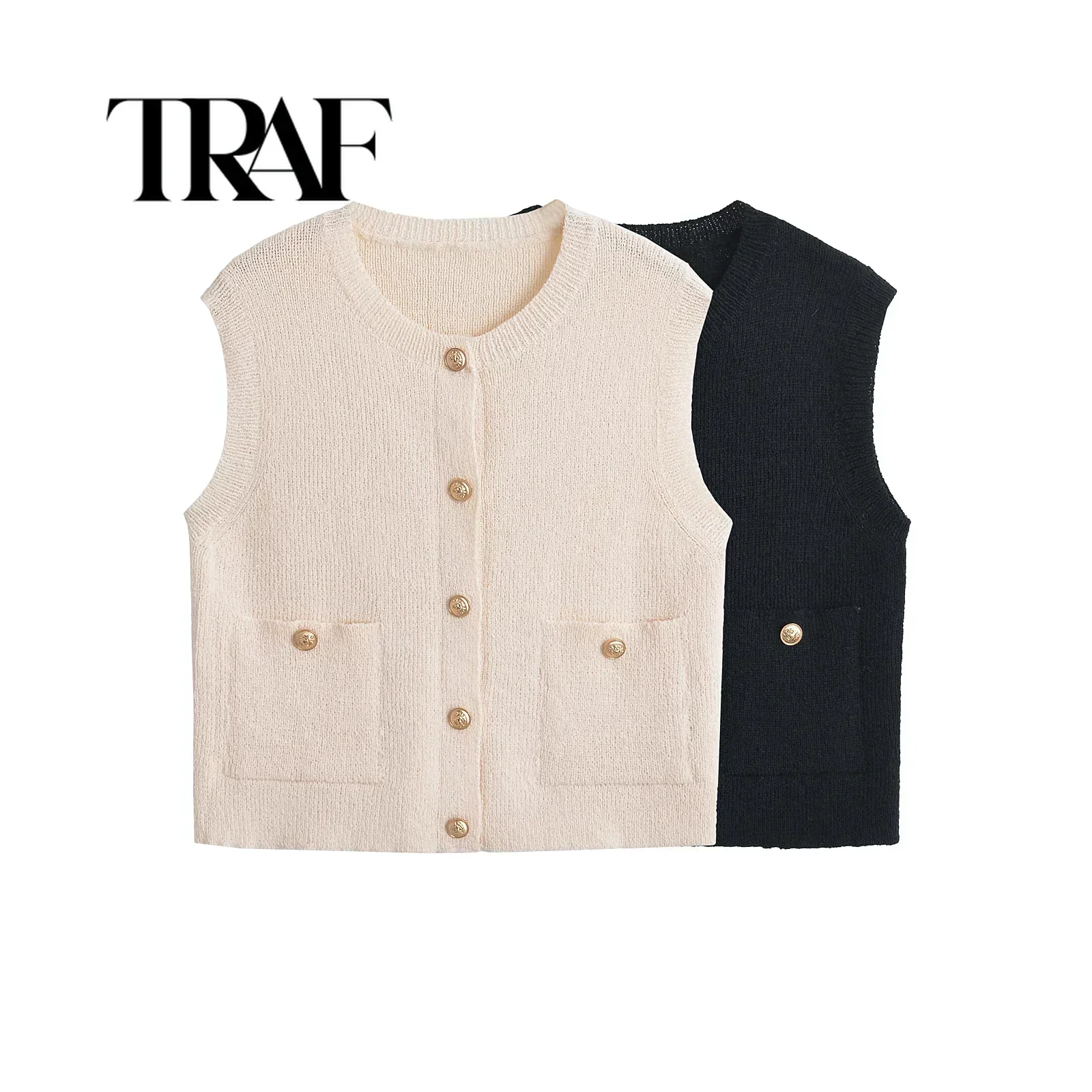 TRAF Autumn Beige Knitted Women Waistcoat Sleeveless Pockets Single Breasted Slim Cardigan Jacket Vest Y2K Crop Top 6771/104