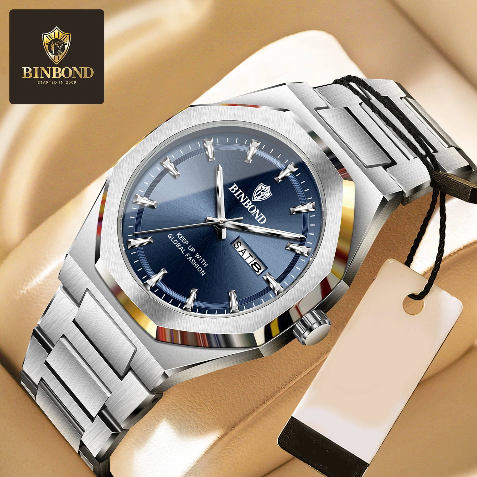 

BINBOND 2025Новые мужские часы из нержавеющей стали, кварцевые водонепроницаемые мужские часы, деловые часы, мужские часы, лучший бренд, роскошные мужские часы