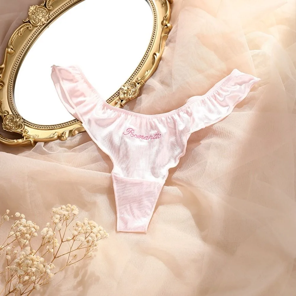 Fashion Letter Satin Silk Ruffle Thong Seamless Embroidery Ice Silk Panties Cotton Crotch Traceless Briefs for Women Daily