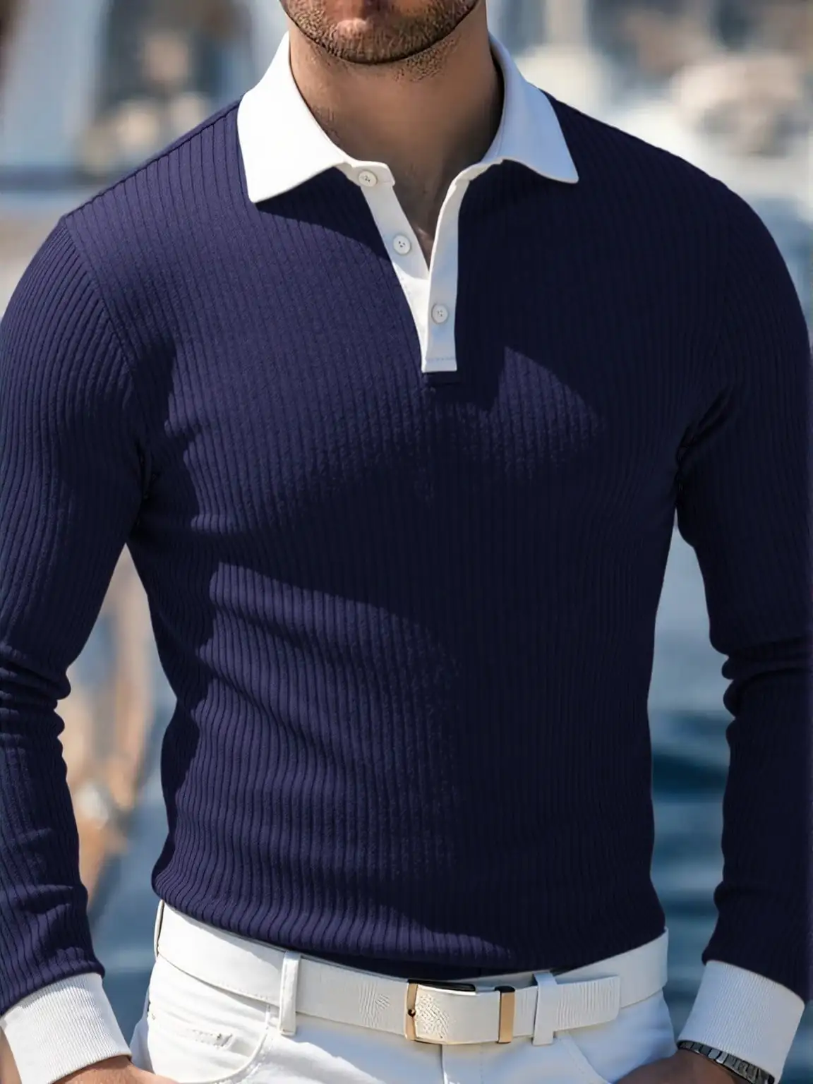 

Men's Long Sleeve Ribbed Knit Polo Shirt with Contrast White Collar and Button Placket