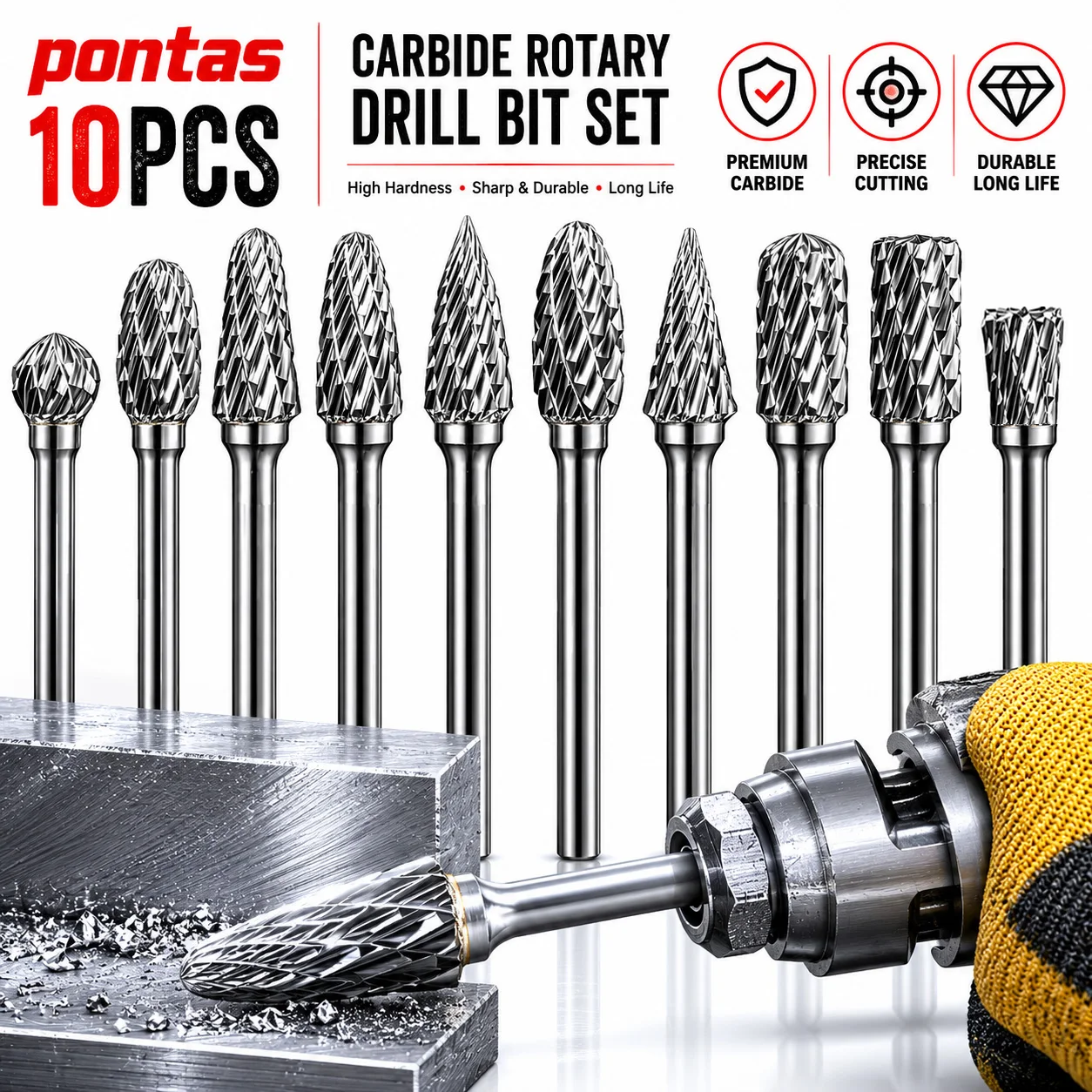 Durable Tungsten Carbide Double Cut Burrs, 10 Shapes for Efficient Cutting on Metals, Wood, Plastic, 1/8