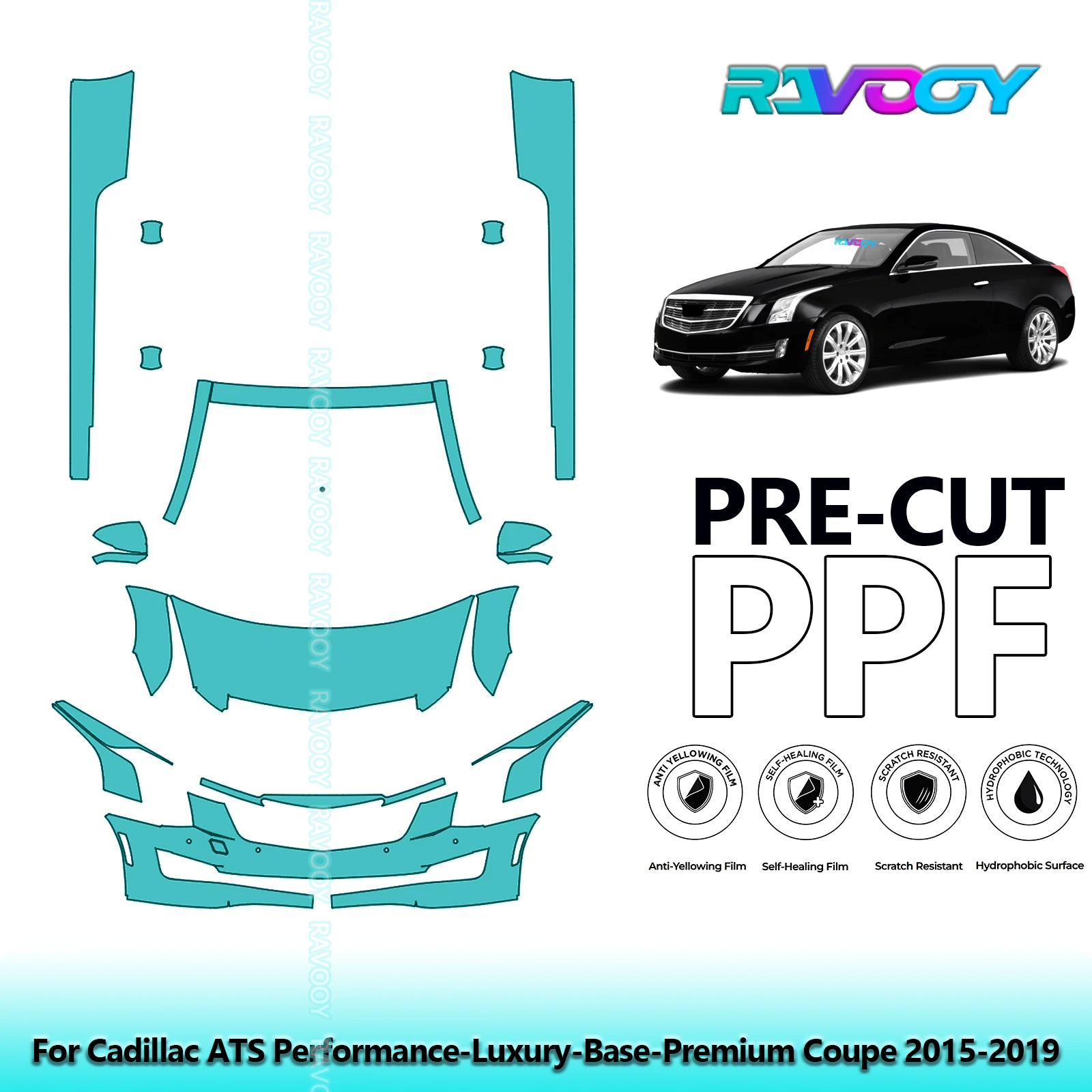 RAVOOY 8.5Mil Custom-Fit Precut TPU PPF Front Kit+Rockers Clear Bra Stone Guard For Cadillac ATS Base-Premium Coupe 2015-2019