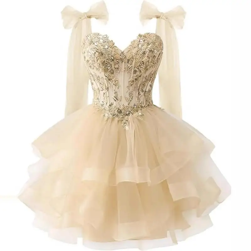 Bow Shoulder Strap Layered Chiffon Dress Starry Lace Three-dimensional Decal Youth Short Dance Sequin Dress Customized