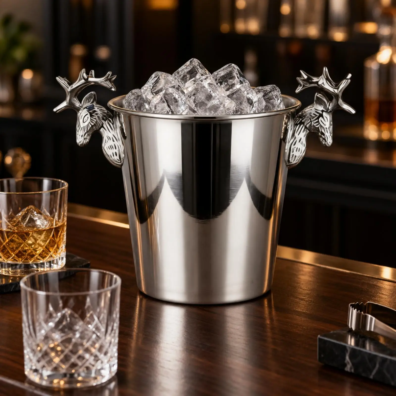 Rustic Deer Head Ice Bucket for Champagne Beer Cooling Polished Steel Barware for Restaurant Lounge