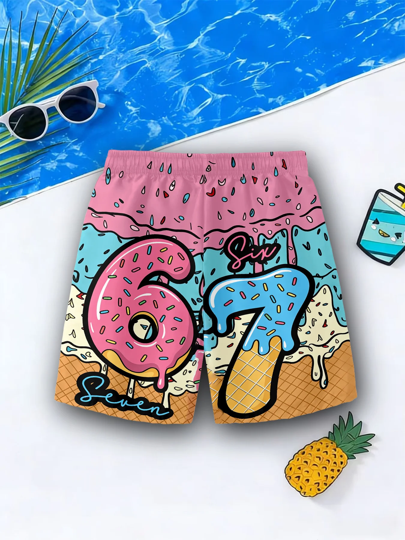 Donut ice cream number 67 print boys' fashionable swim trunks, stylish loose-fitting shorts/beach pants