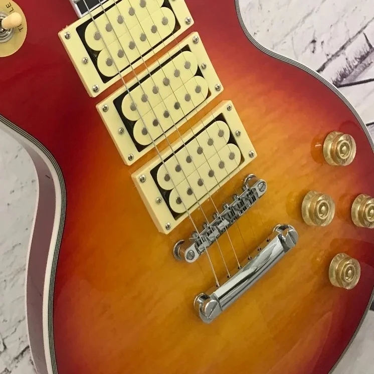 Electric Guitar HHH Pickups Cherry Sunburst Colour LP00S Single Cutaway  Triple Humbucker Fixed Bridge Rock Music