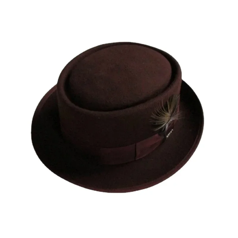 

The 1920s Hat Pork Pie Hat with Feather Wool Felt Fedora Gorras Vintage Flat Top Short Flat Brim Chapeau Hommes