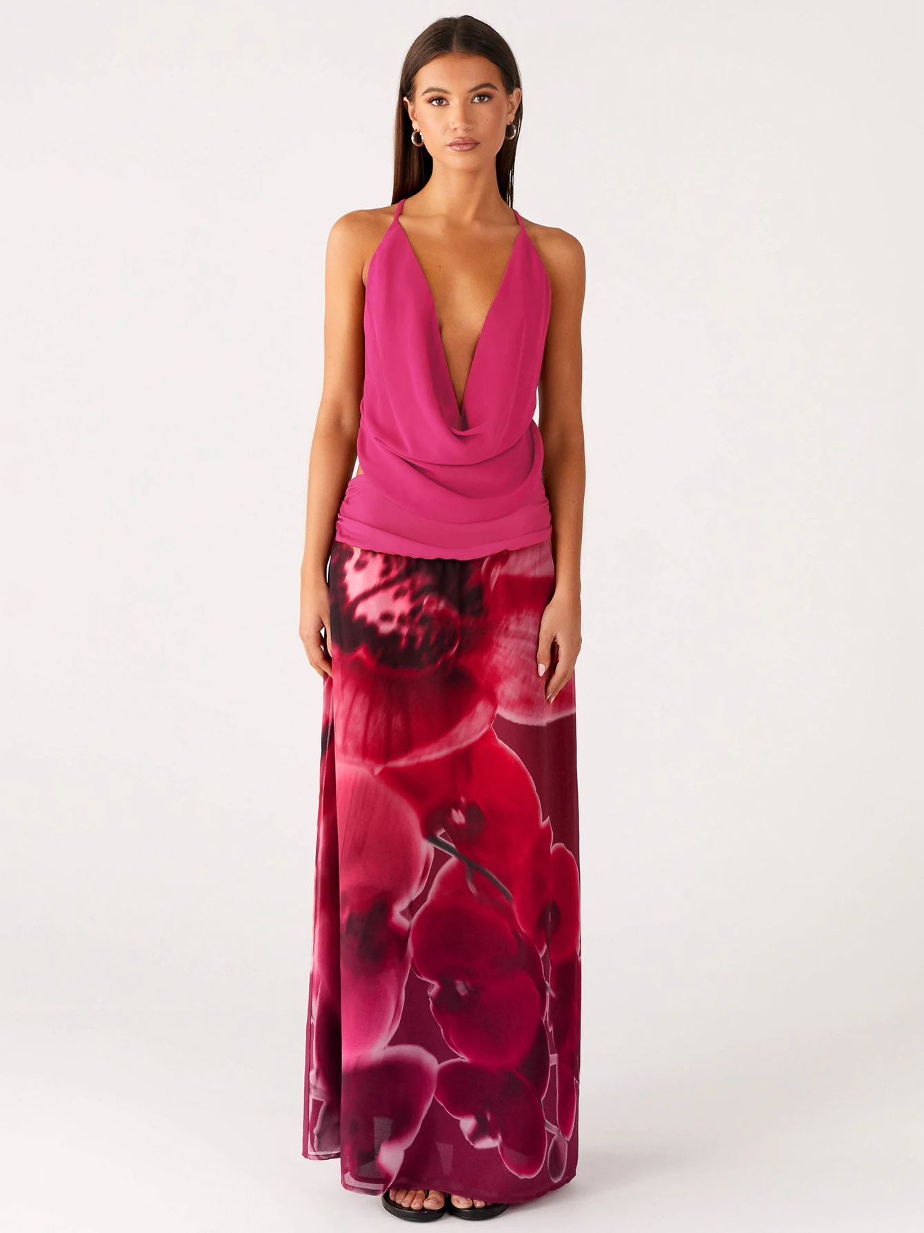Dulzura Fashion Sexy Elegant 2 Piece Skirt Set Swinging Collar Backless Camisole Ruched Slim Mesh Print Long Skirt Matching Set