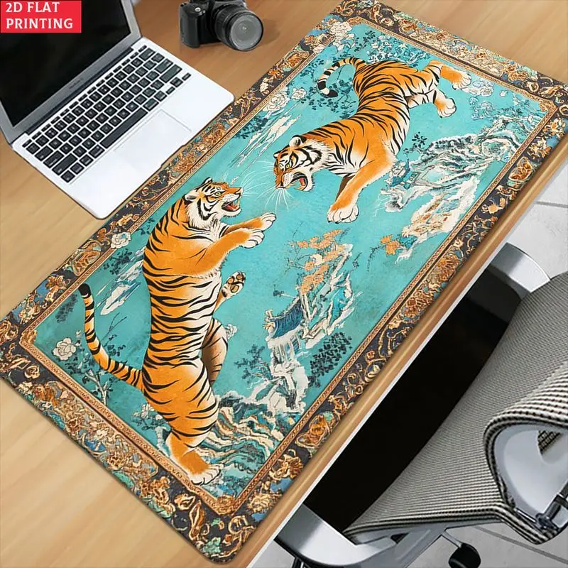VIKAMA Vintage Double Tiger XXL Desk Mat Oriental Landscape Print Soft Non Slip Waterproof Gaming Mouse Pad Desktop Decor
