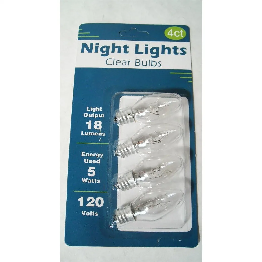 

Night Light Clear Bulbs 4ct, C7 Candelabra E12 Base, 5W 18 Lumens, Soft Glow for Night Safety & Decorative Fixtures