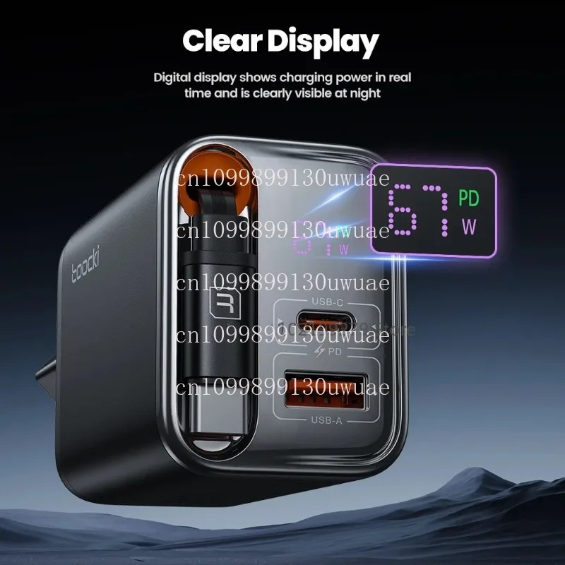 

Зарядное устройство Toocki GaN USB C 67 Вт с выдвижным кабелем типа C PPS PD3.0 SFC2.0 Быстрое зарядное устройство для ноутбука iPhone 16 15 Samsung S25 S24