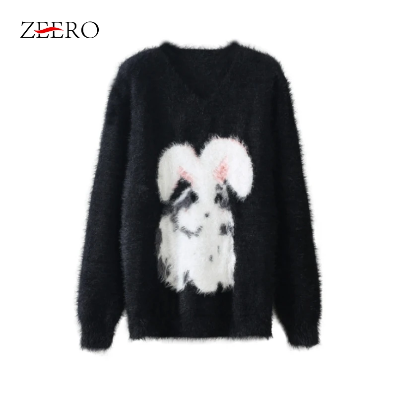 סתיו נשים חורף חיקוי מינק פרווה סרוג קריקטורה פעימת מזג מתוק o הצוואר סרוגים סוודר סוודר