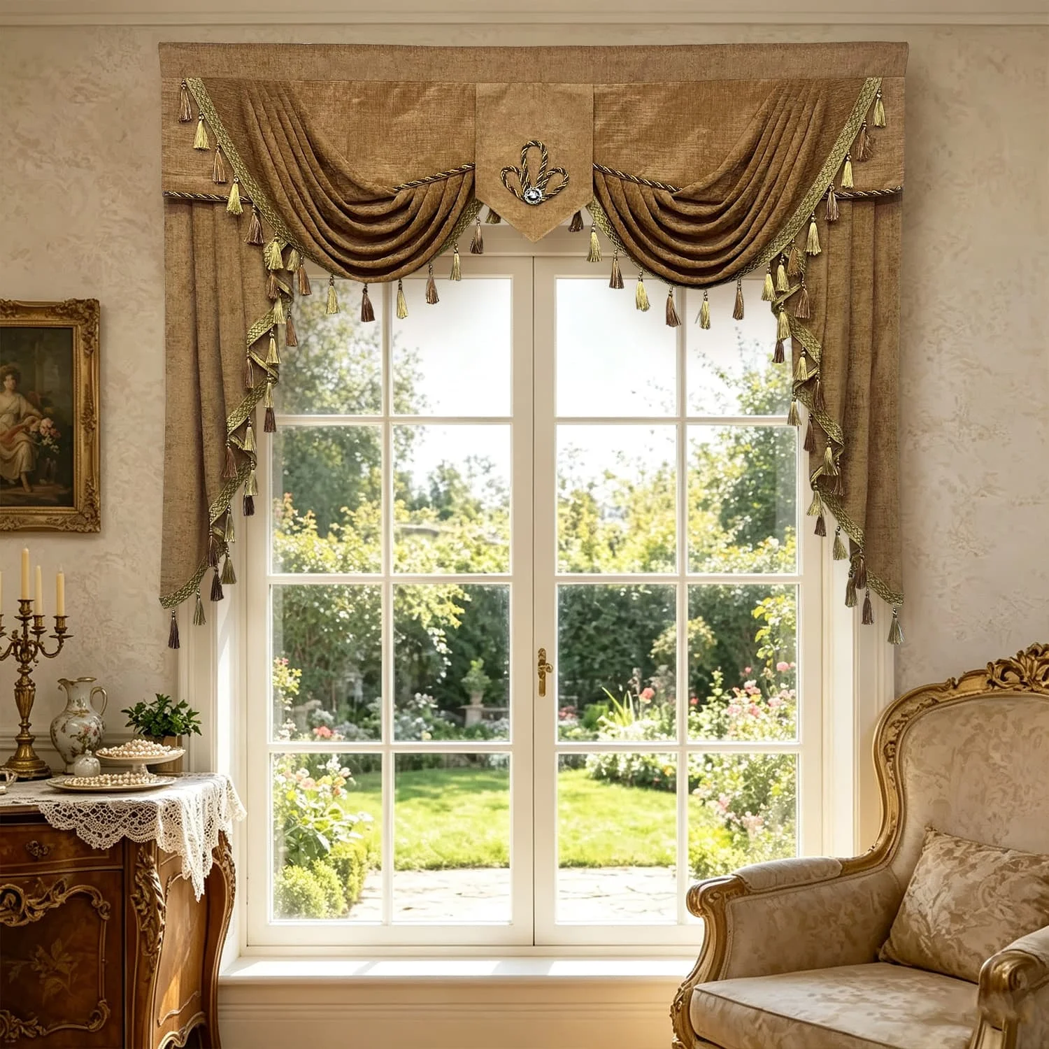 1pc Europe Coffee Chenille Curtain Head, Ripples of Water Tassel Window Drape for Living Room, Bedroom, Villa, Home Decoraiton