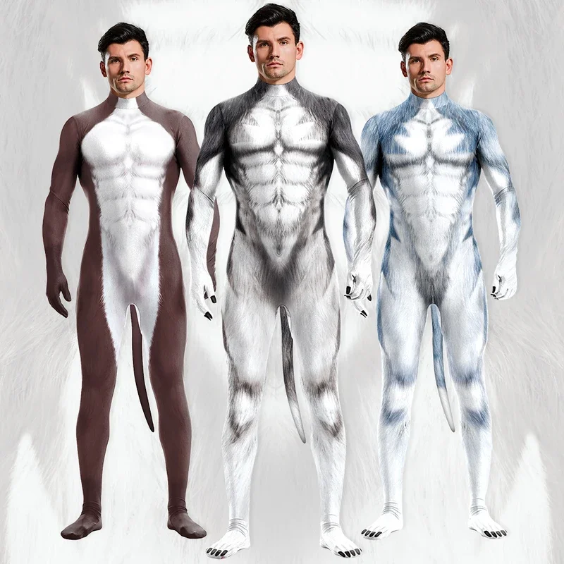 [คุณความลับของฉัน] ฮาโลวีน Furry คอสเพลย์เครื่องแต่งกาย Husky Dog ผู้ชายคอสเพลย์สัตว์หมาป่าพิมพ์ชุดบอดี้สูทสัตว์เลี้ยง Jumpsuit พร้อมหาง