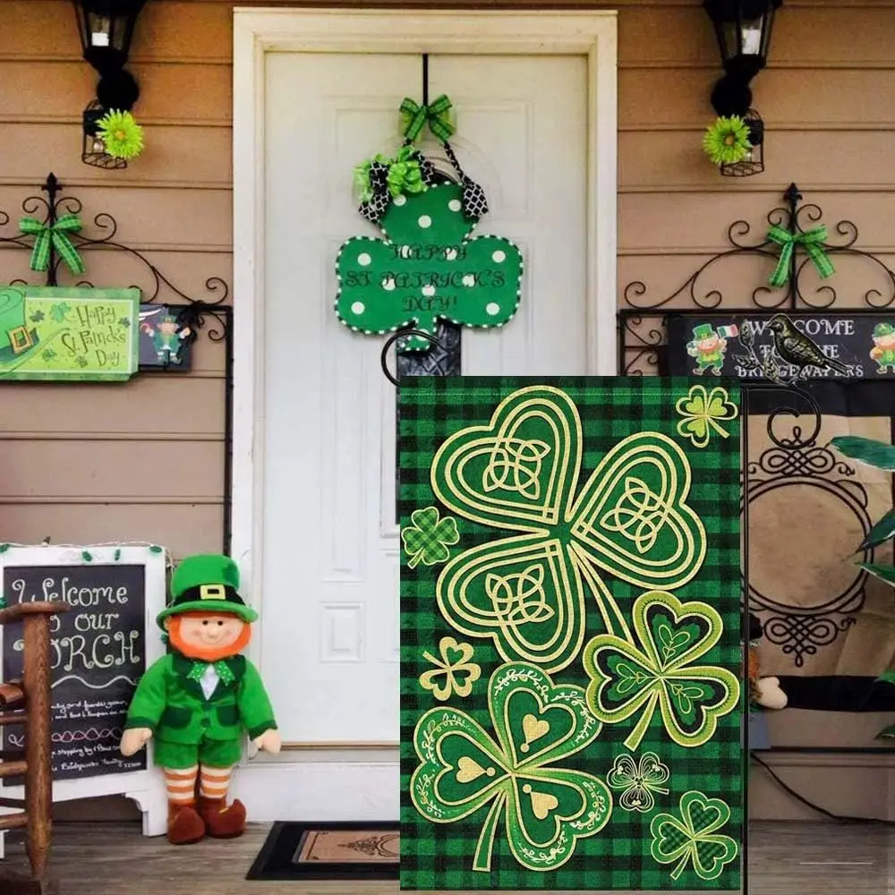 Happy St Patricks Day Garden Flag 12.5 x 18 Inch Shamrock Clovers Buffalo Plaid Decorative Double Sided Flag for Farmhouse Y PPM