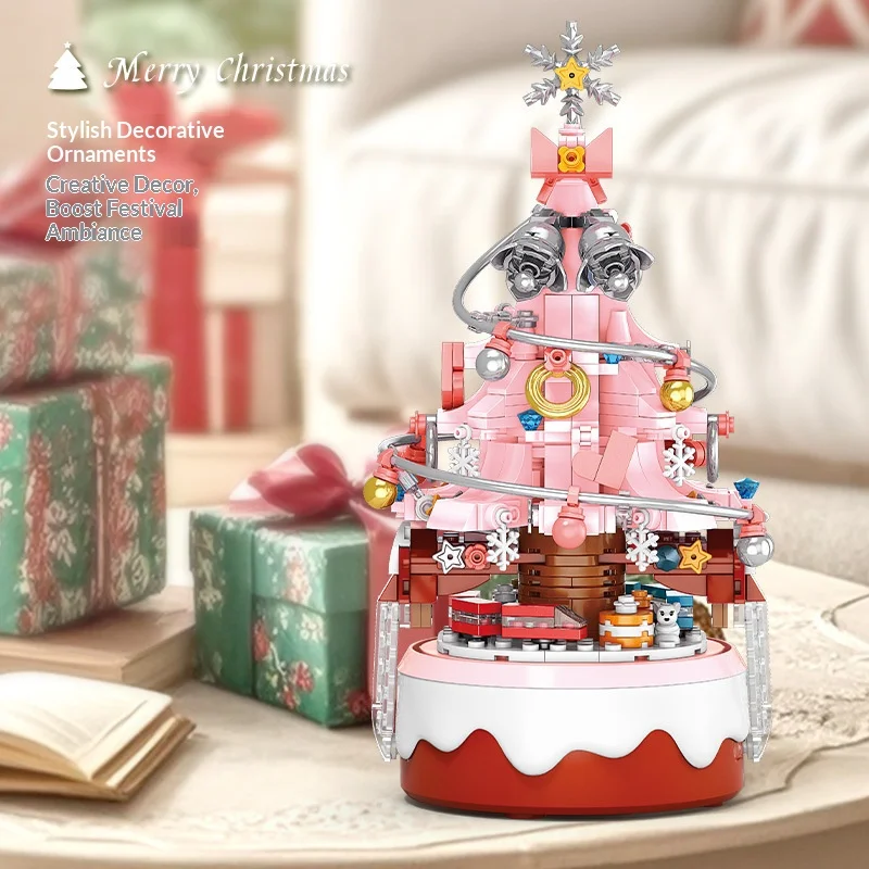 صندوق تشغيل الموسيقى الدوار لعيد الميلاد للأطفال، لعبة مكعبات بناء شجرة عيد الميلاد متوافقة مع هدية عيد ميلاد للأولاد من ليغو #4