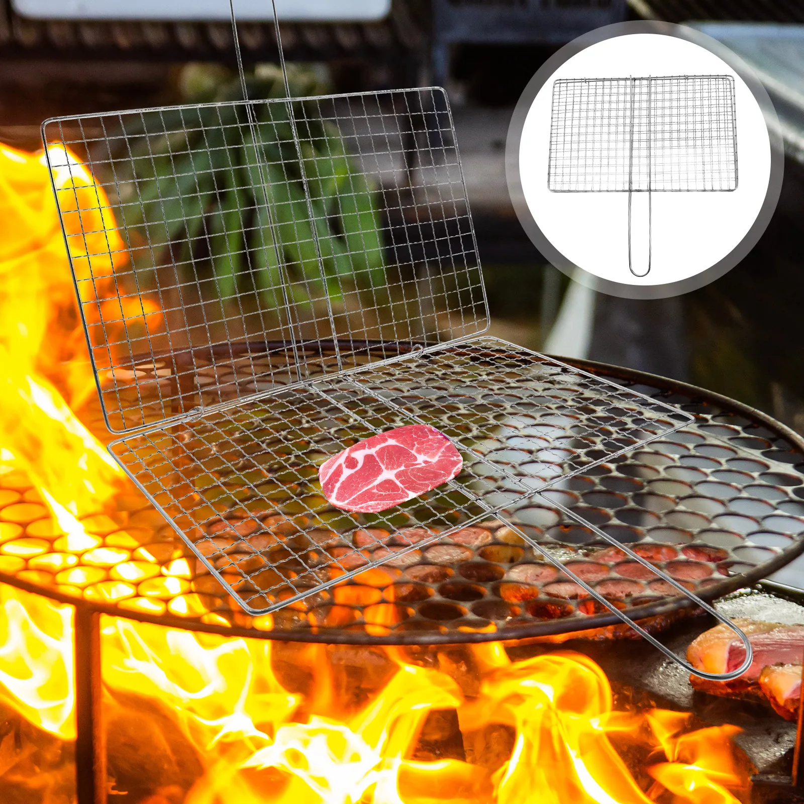 

Stainless Steel Basket For Outdoor Bbq Fish Meat Vegetable Rolling Rack Secure Clamping Camping Picnic Grilling Net Mesh Cooking