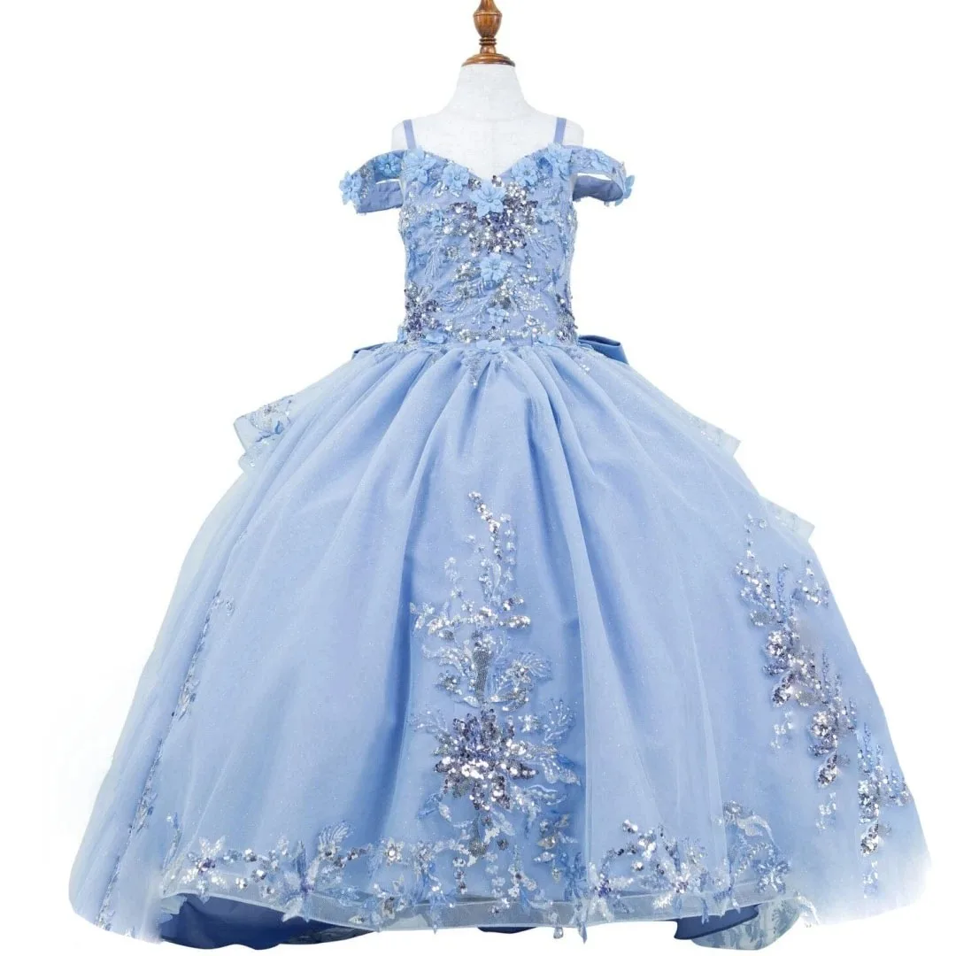 Custom flower girl dress in light pink with floral appliqués, paired with a bow, sleeveless design, suitable for weddings, dance