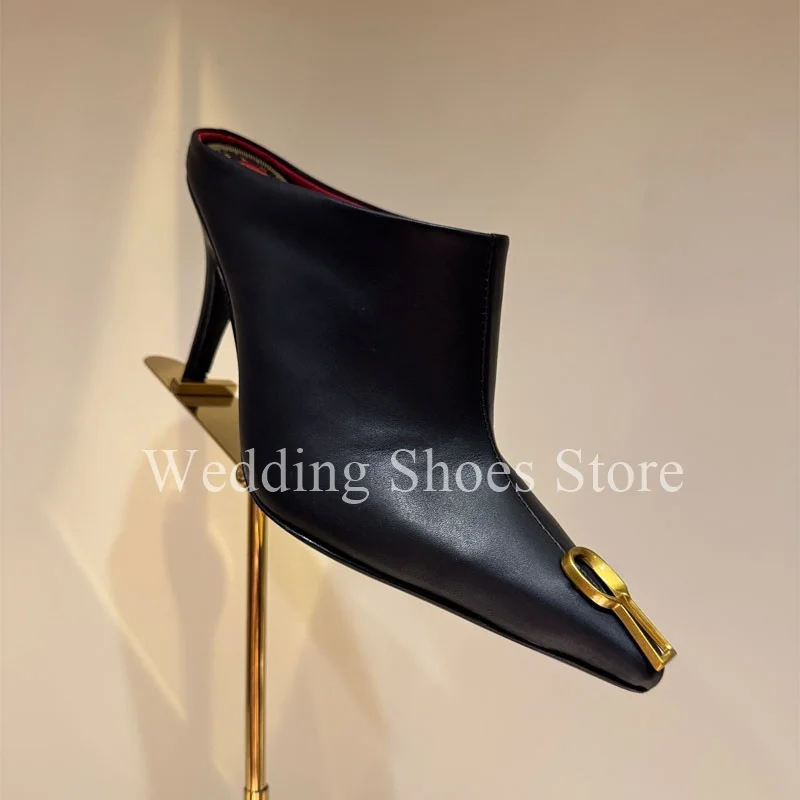 

Черные тапочки с металлическим декором для подиума, удобная удобная женская обувь на высоком каблуке с круглым носком из натуральной кожи для свадьбы и вечеринки