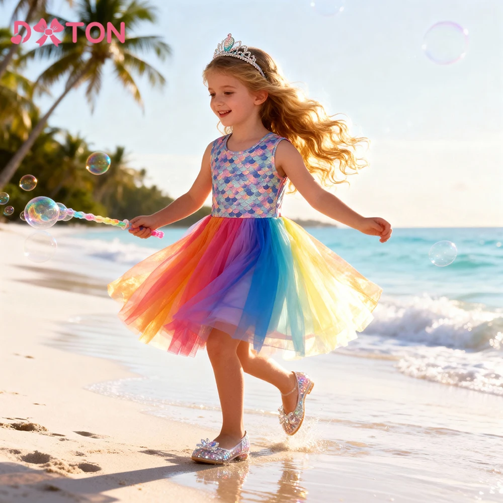 DXTON Sommerkleid für Babys und Mädchen, ärmellos, Meerjungfrau-Stil, Kinder-Geburtstagsparty-Kleid, Mesh-Patchwork, Farbverlauf, Prinzessinnen-Ballkleid
