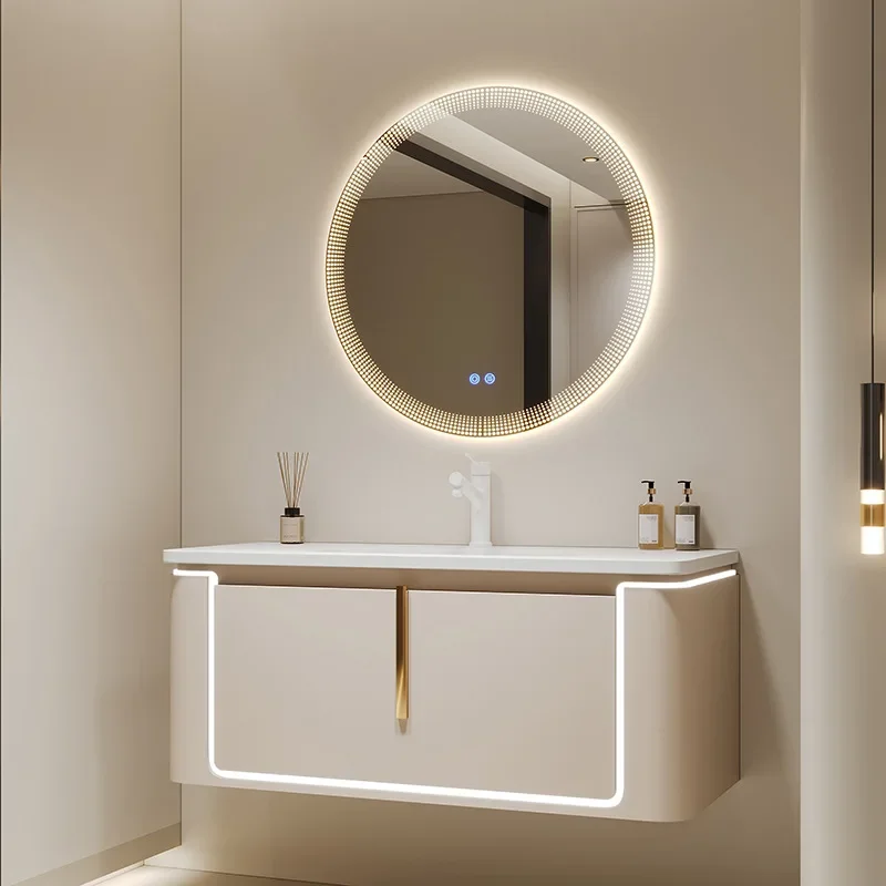 

Luxury Corian Bathroom Cabinets with Sink Intelligent Circular Mirror Bathroom Washbasin Cabinet Vanity Home Bathroom Furniture