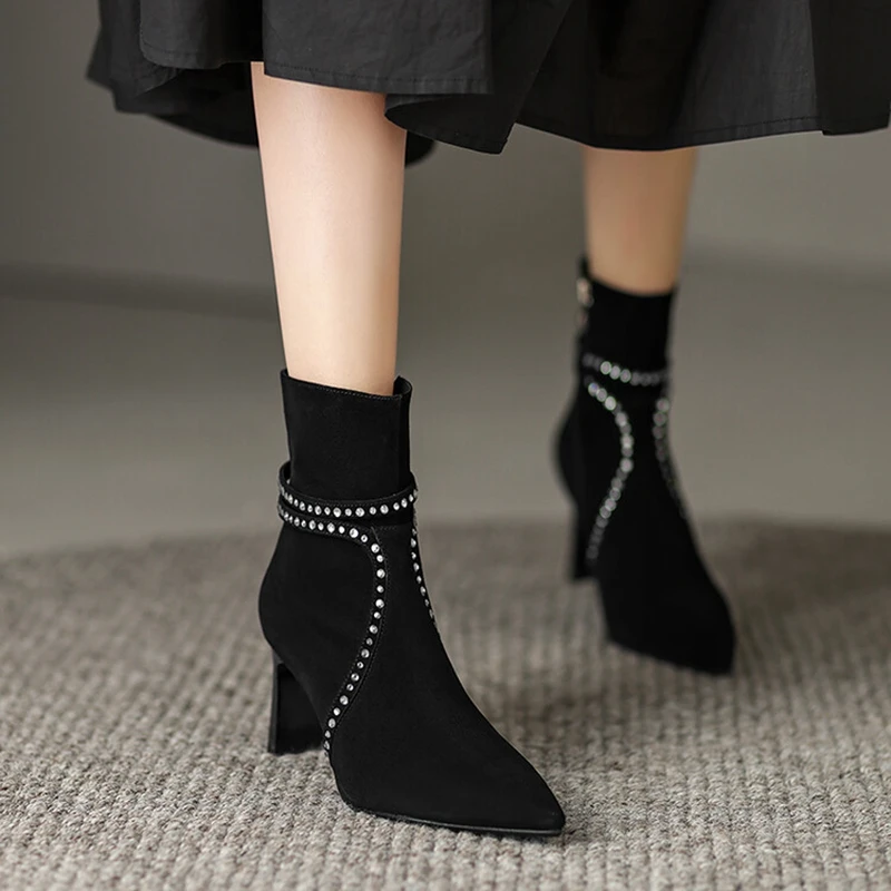 

New Fall Women Shoes Pointed Toe High Heel Women Boots Sheep Suede Ankle Boots for Women Winter Solid Weave Elegant Modern Boots