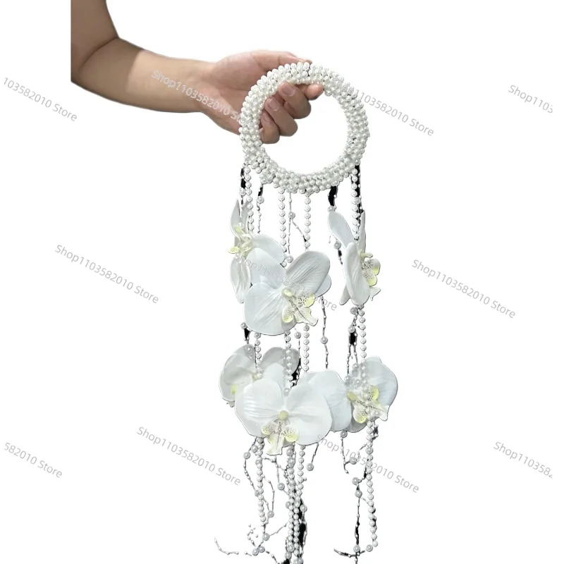 Vintage Phalaenopsis Pearl Waterfall Hand Carry Flower Bride Hand Bouquet Wedding Photo Accessories Hand Carry Flower