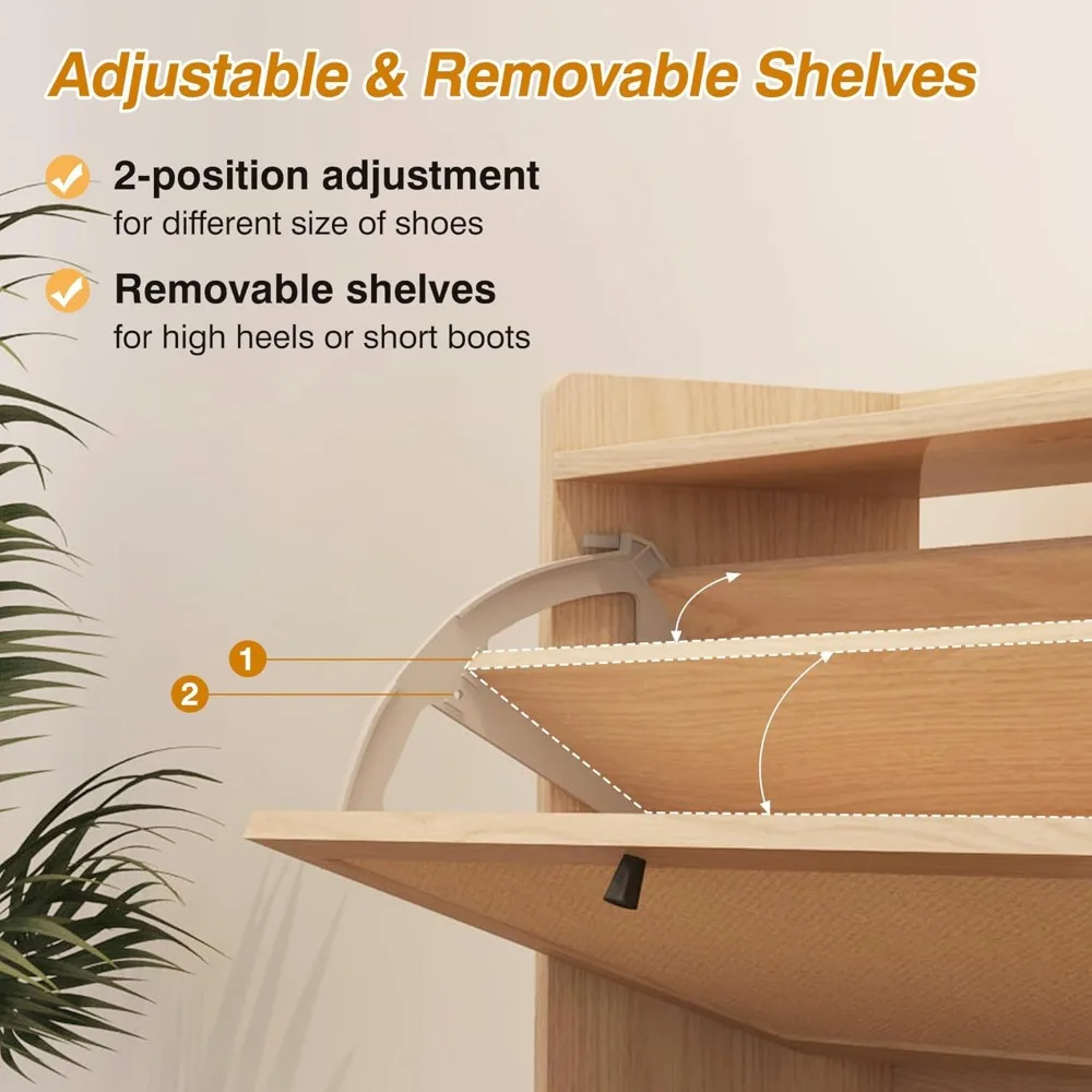 Narrow Shoe Storage Cabinet with 3 Flip Drawers, Freestanding Organizer Wooden Closed Shoe Rack, Slim Cabinet Storage