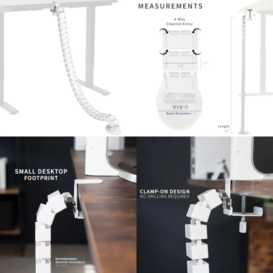 

No Drill Clamp-on Desk Vertebrae Cable Management Kit, Adjustable Quad Entry Flexible Cord Organizer for Home Office,,DESK-AC01