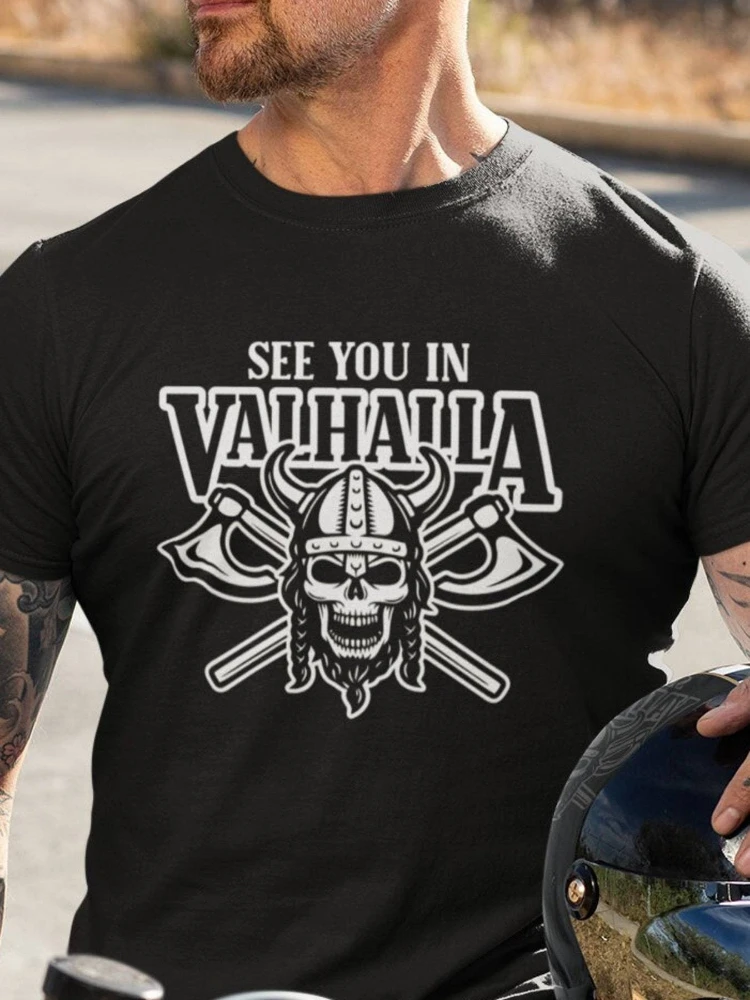 VALHALLA Wodan Ragnar Biker Norse Warrior Skull Beard Rune crossed Axes pattern -100% cotton O-neck printed men's T-shirt.
