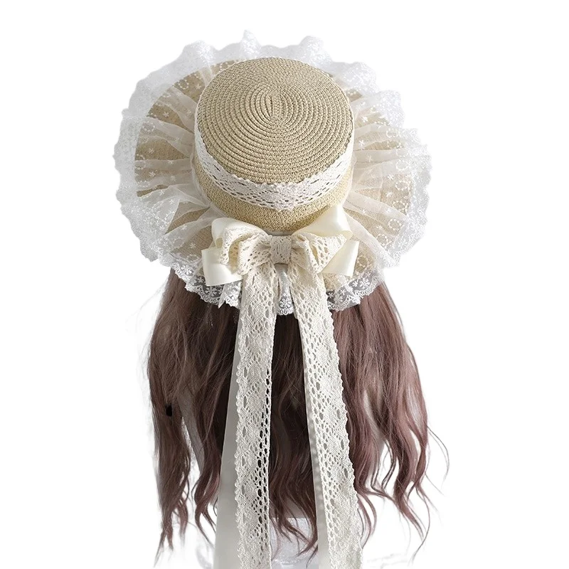 Cappello parasole stile foresta originale Cappello da campagna morbido per ragazza in erba Cappello di paglia galleggiante con fiocco in pizzo stile bambola