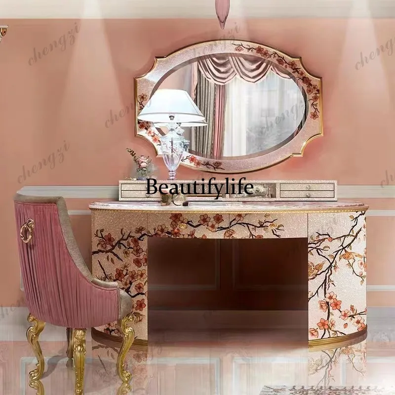 Europe Hidden Makeup Vanity Desk Luxury Drawer Pink Mirror Makeup Vanity Desk Vintage Modern Kaptafel Furniture For Bedrooms