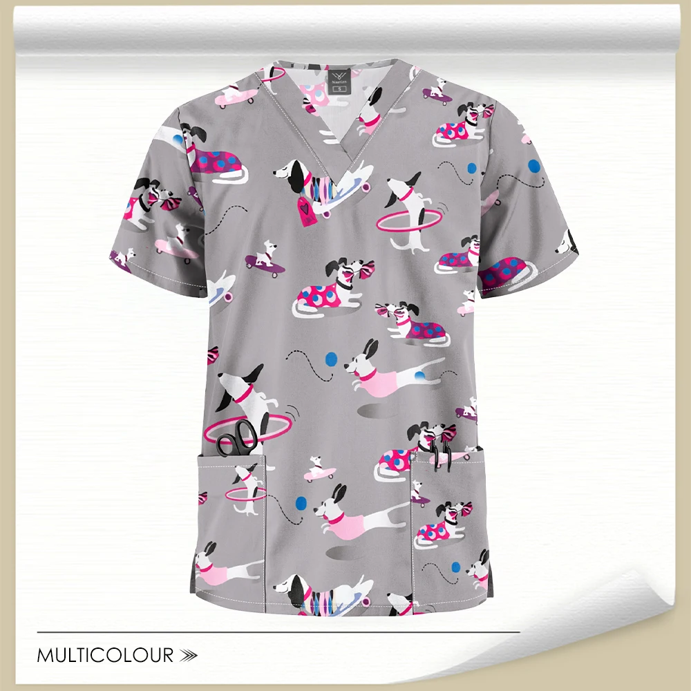 Stretch Cute Cartoon Print Nurse Uniforms Women Men T-shirts Pocket Casual Short Sleeve Pullover V-neck Scrubs Tops Lab Workwear view 6