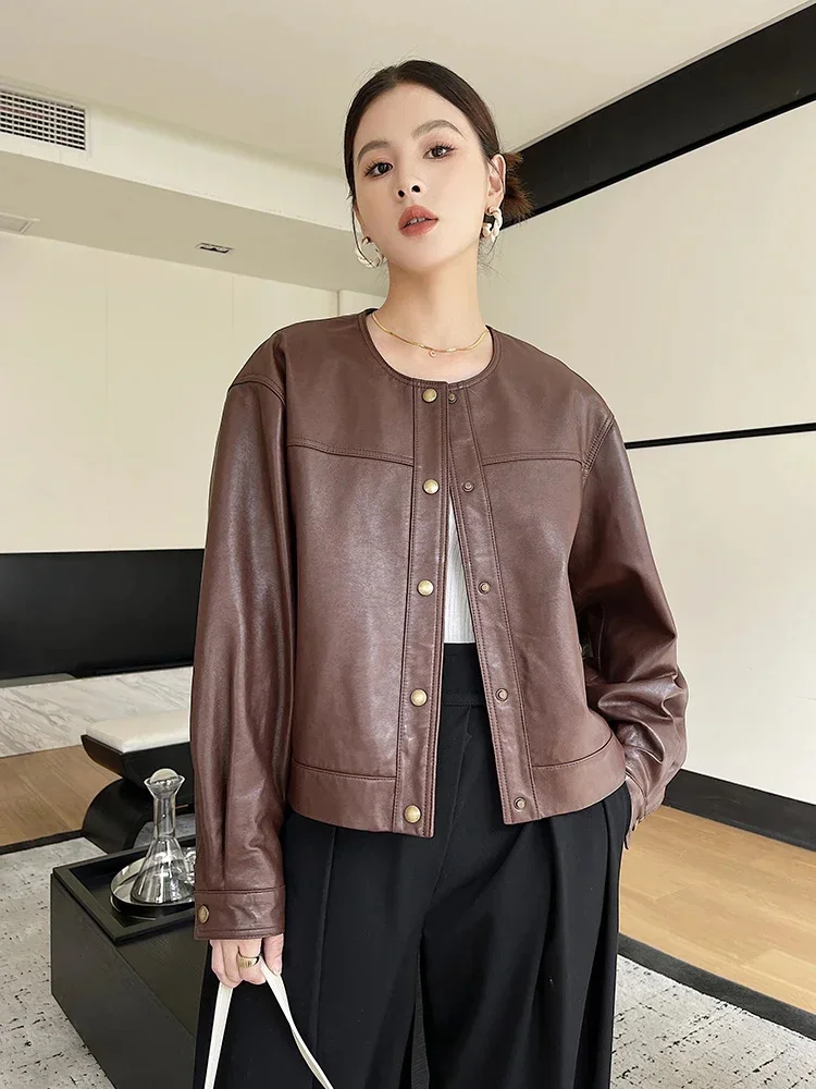 O-neck Vintage Real Sheepskin Coat for Women Spring Autumn 2024 Trend High-end Simple Loose Genuine Leather Jackets